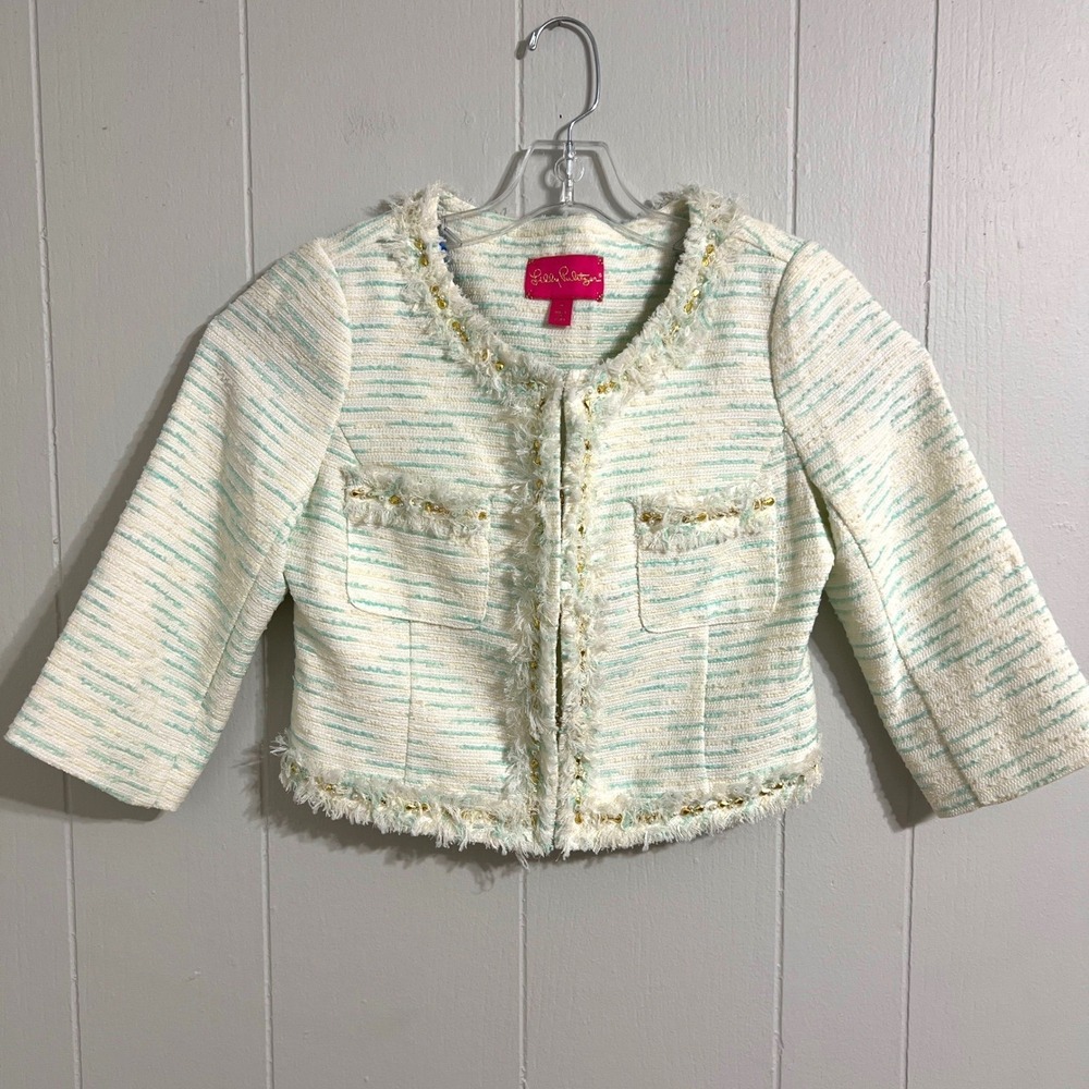 Lilly Pulitzer Lia Jacket Boucle Crystal Waters‎ Gold Turquoise Sz 4 NWOT
